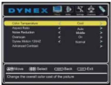 DYNEX Color Temperature Aspect Ratio Noise Reduction Overscan Dynex Motion 120Hz Advanced Contrast Cast Actions Middle On Normal Move Select Back Exit Change the overall color cost of the picture