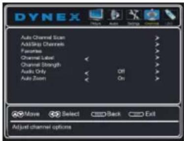 DYNEX Auto Channel Scan > Add/Shop Channels > Favorites > Channel Label: Original Strength > Audio Only Auto Zoom On > Move Select Back Exit Adjust channel options