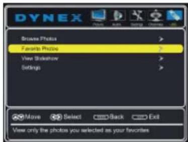 Dynex Browse Photos Favorite Photos View Slideshow Settings Move Select Back Exit View only the photos you selected as your favorites