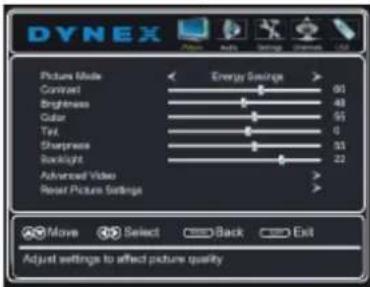 DYNEX Picture Mode Energy Settings Contract 91 Brightness 48 Color 55 Ttl. 0 Sharpness 31 Backlight 22 Advanced Video > Reset Picture Settings Move Select Back Exit Adjust settings to affect picture quality