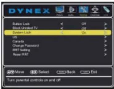 DYNEX Sutton Lock Off Rock Untreated TV Off System Lock On US Canada Change Password RTT Setting Reset RRT Move Select Back Exit Turn parental controls on and off