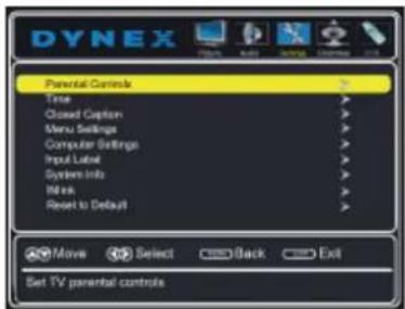 DYNEX Parental Controls Title Closed Caption Menu Settings Computer Settings Input Label Systems Info Mids Reset to Default Move Select Back Exit Set TV parental controls