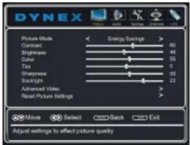 DYNEX Picture Mode Contrast Brightness Color Tint Sharpness Brightlight Advanced Video Reset Picture Settings Energy Savings 90 48 55 0 85 22 Move Select Back Exit Adjust settings to affect picture quality
