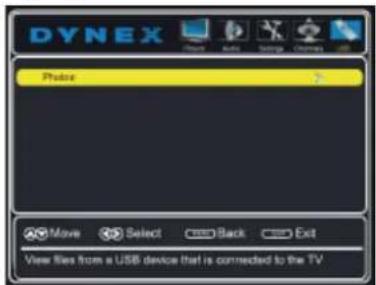 DYNEX Probe Move Select Back Exit View files from a USB device that is connected to the TV