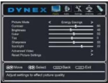 DYNEX Picture Mode Energy Savings Contrast 91 Brightness 48 Color 66 Trait 0 Sharpness 53 Backlight 22 Advanced Video > Reset Picture Settings Move Select Back Exit Adjust settings to affect picture quality