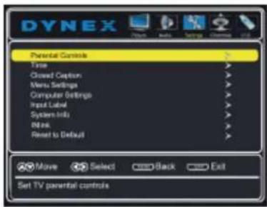 DYNEX Parental Controls Title Closed Caption Menu Settings Computer Settings Input Label Systems Info Nisk Reset to Default Move Select Back Exit Set TV parental controls
