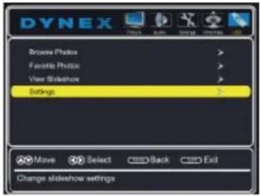 DYNEX Browse Photo Favorite Photo View Slideshow Settings Move Select Back Exit Change slideshow settings