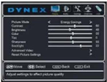 DYNEX Picture Mode Contrast Brightness Color Tint Sharpness Backlight Advanced Video Reset Picture Settings Energy Savings 80 40 95 0 93 22 Move Select Back Exit Adjust settings to affect picture quality