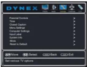 Dynex Parental Controls Time Closed Caption Menu Settings Computer Settings Input Label Systems Info Block Reset to Default Move Select Back Exit Set various TV options