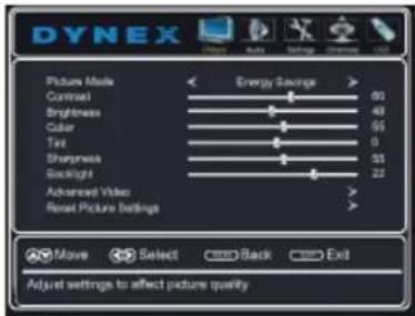 DYNEX Picture Mode Contrast Brightness Color Tet Sharpness Backlight Advanced Video Reset Picture Settings Energy Savings 90 40 55 0 55 22 Move Select Back Exit Adjust settings to affect picture quality