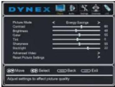 DYNEX Picture Mode Control Brightness Color Text Sharpness Backlight Advanced Video Reset Picture Settings Energy Savings 60 48 55 0 35 22 Move Select Back Exit Adjust settings to affect picture quality