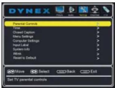 DYNEX Parental Controls Type Closed Caption Macro Swings Computer Settings Input Listed Systems Info Block Reset to Default Move Select Back Exit Set TV parental controls