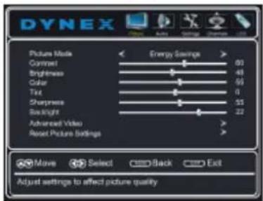 DYNEX Picture Mode Energy Savings Contrast 80 Brightness 48 Color 69 Tint 0 Sharpness 35 Straight 22 Advanced Video > Reset Picture Settings Move Select Back Exit Adjust settings to affect picture quality