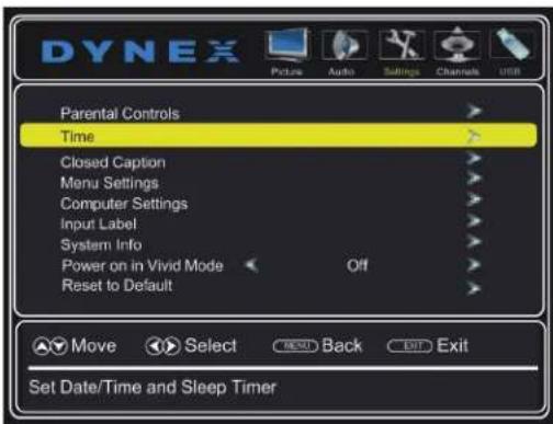 DYNEX Picture Audio Settings Channels USB Parental Controls > Time > Closed Caption > Menu Settings > Computer Settings > Input Label > System Info > Power on in Vivid Mode Off > Reset to Default > Move Select Next Back Exit Set Date/Time and Sleep Timer