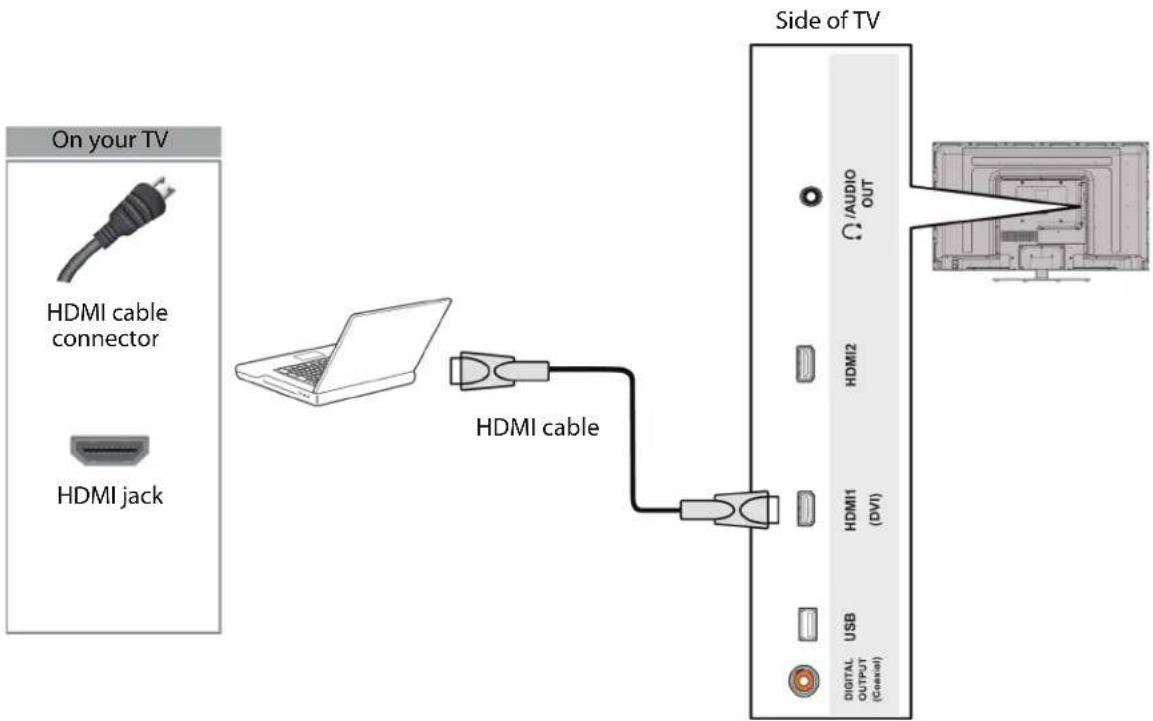 On your TV HDMI cable connector HDMI jack HDMI cable Side of TV Ω /AUDIO OUT HDMI2 HDMI1 (DVI) USB DIGITAL OUTPUT (Caseout)