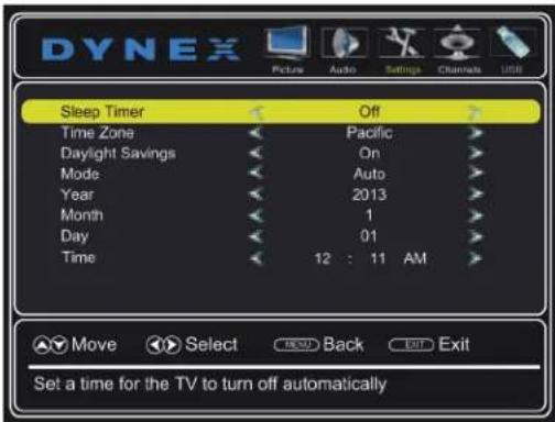 DYNEX Picture Audio Settings Channels USB Sleep Timer Off Time Zone Pacific Daylight Savings On Mode Auto Year 2013 Month 1 Day 01 Time 12 : 11 AM Move Select Back Exit Set a time for the TV to turn off automatically