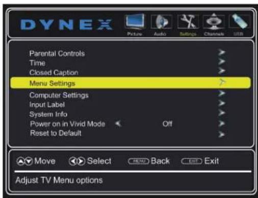 DYNEX Picture Audio Settings Channels USB Parental Controls Time Closed Caption Menu Settings Computer Settings Input Label System Info Power on in Vivid Mode Off Reset to Default Move Select Back Exit Adjust TV Menu options