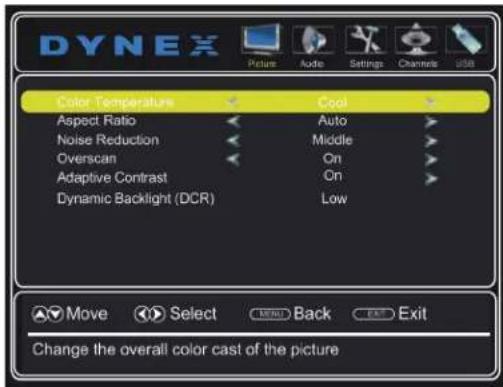 DYNEX Picture Audio Settings Channels USB Color Temperature Cool Aspect Ratio Auto Noise Reduction Middle Overscan On Adaptive Contrast On Dynamic Backlight (DCR) Low Move Select BACK Exit Change the overall color cast of the picture