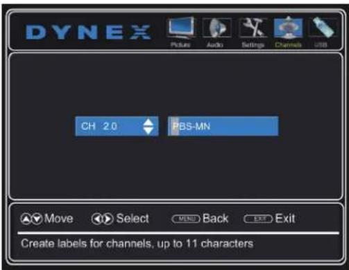 DYNEX Picture Audio Settings Channels USB CH 2.0 PBS-MN Move Select BACK Exit Create labels for channels, up to 11 characters