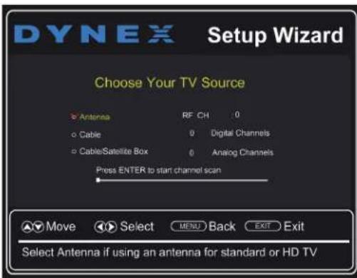 DYNEX Setup Wizard Choose Your TV Source Antenna RF CH 0 Cable 0 Digital Channels Cable/Satellite Box 0 Analog Channels Press ENTER to start channel scan Move Select MENU Back EXIT Exit Select Antenna if using an antenna for standard or HD TV