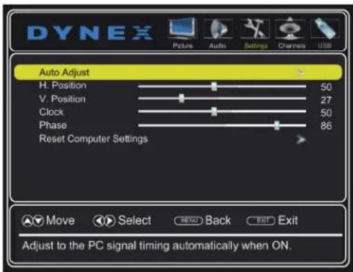 Dynex Picture Audio Settings Channels USB Auto Adjust H. Position 50 V. Position 27 Clock 50 Phase 86 Reset Computer Settings Move Select BACK Exit Exit Adjust to the PC signal timing automatically when ON.