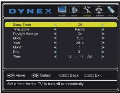 DYNEX Picture Audio Settings Channels USB Sleep Timer Off Time Zone Pacific Daylight Savings On Mode Auto Year 2013 Month 1 Day 01 Time 12 : 11 AM Move Select Back Exit Set a time for the TV to turn off automatically