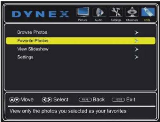 DYNEX Browse Photos Favorite Photos View Slideshow Settings Move Select MEN Back EXIT Exit View only the photos you selected as your favorites