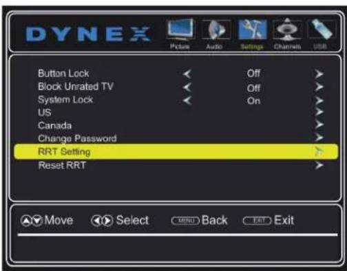 DYNEX Picture Audio Settings Channels USB Button Lock Off Block Unrated TV Off System Lock On US Canada Change Password RRT Setting Reset RRT Move Select Wind Back Exit