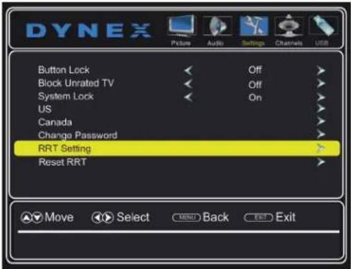 DYNEX Picture Audio Settings Channels USB Button Lock Off Block Unrated TV Off System Lock On US Canada Change Password RRT Setting Reset RRT Move Select Help Back Exit