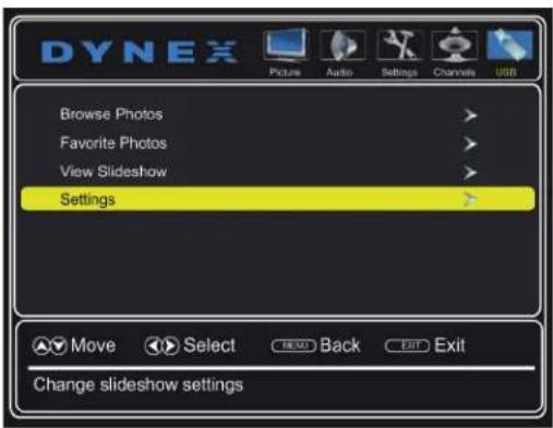 DYNEX Browse Photos Favorite Photos View Slideshow Settings Move Select Back Exit Change slideshow settings