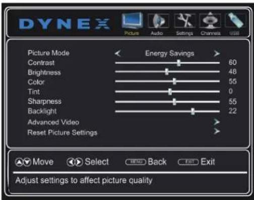 DYNEX Picture Audio Settings Channels USB Picture Mode Energy Savings Contrast 60 Brightness 48 Color 55 Tint 0 Sharpness 55 Backlight 22 Advanced Video > Reset Picture Settings > Move Select Back Exit Adjust settings to affect picture quality