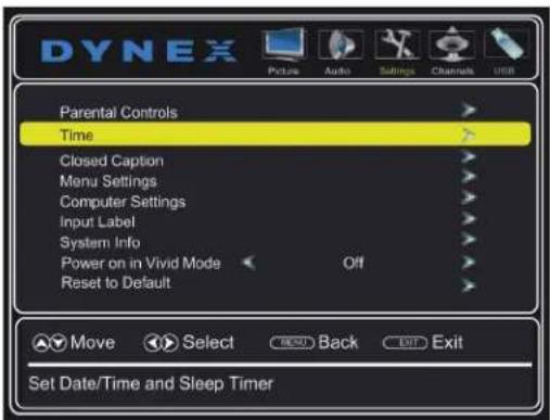 DYNEX Picture Audio Settings Channels USB Parental Controls > Time > Closed Caption > Menu Settings > Computer Settings > Input Label > System Info > Power on in Vivid Mode Off > Reset to Default > Move Select BACK Exit Set Date/Time and Sleep Timer