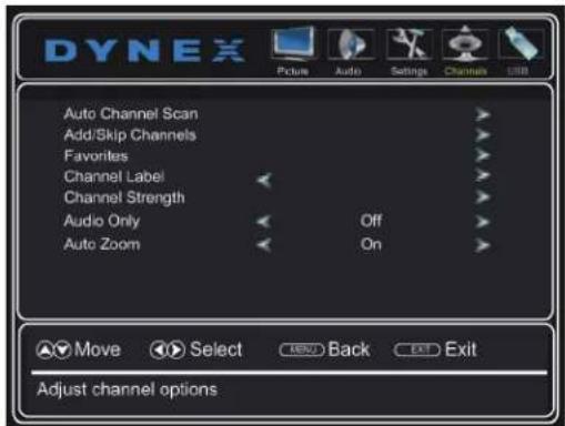 DYNEX Picture Audio Settings Channels USB Auto Channel Scan > Add/Skip Channels > Favorites > Channel Label > Channel Strength > Audio Only Off > Auto Zoom On > Move Select Back Exit Adjust channel options