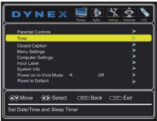 DYNEX Picture Audio Settings Channels USB Parental Controls Time Closed Caption Menu Settings Computer Settings Input Label System Info Power on in Vivid Mode Off Reset to Default Move Select Back Exit Set Date/Time and Sleep Timer