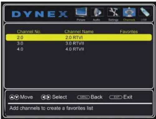 DYNEX Picture Audio Settings Channels USB Channel No. Channel Name Favorites 2.0 2.0 RTVI 3.0 3.0 RTVII 4.0 4.0 RTVII Move Select BACK Exit Add channels to create a favorites list