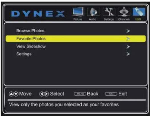 DYNEX Browse Photos Favorite Photos View Slideshow Settings Move Select BACK Exit Exit View only the photos you selected as your favorites