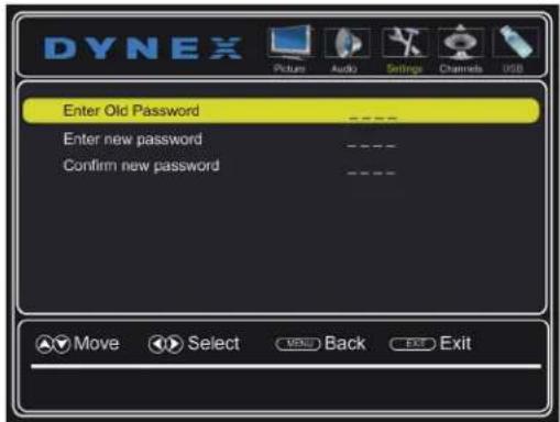 DYNEX Pictures Audio Settings Channels USB Enter Old Password Enter new password Confirm new password Move Select None Back Exit
