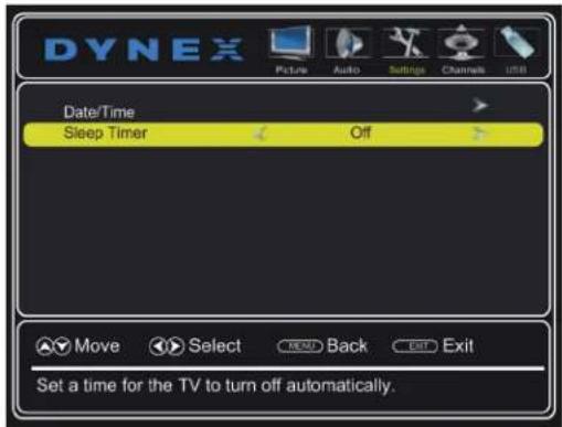 DYNEX Picture Audio Settings Channels USB Date/Time Sleep Timer Off Move Select BACK Exit Set a time for the TV to turn off automatically.