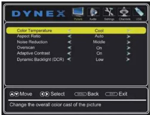 DYNEX Picture Node Settings Channels USB Color Temperature Cool Aspect Ratio Auto Noise Reduction Middle Overscan On Adaptive Contrast On Dynamic Backlight (DCR) Low Move Select Menu Back Exit Change the overall color cast of the picture
