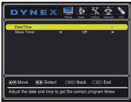 Dynex Picture Audio Settings Channels USB Date/Time Sleep Timer Off Move Select BACK Exit Adjust the date and time to get the correct program times.
