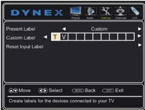 DYNEX Picture Audio Settings Channels USB Present Label Custom Custom Label T V Reset Input Label Move Select Back Exit Create labels for the devices connected to your TV