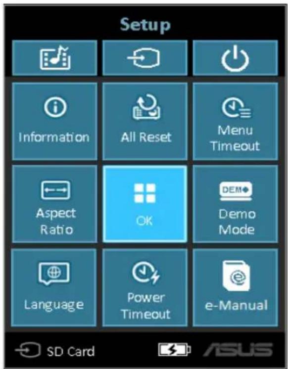 Setup Information All Reset Menu Timeout Aspect Ratio OK DEM Demo Mode Language Power Timeout e-Manual SD Card ASUS