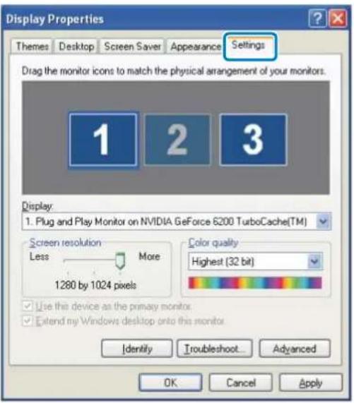 Display Properties Themes Desktop Screen Saver Appearance Settings Drag the monitor icons to match the physical arrangement of your monitors. 1 2 3 Display: 1. Plug and Play Monitor on NVIDIA GeForce 6200 TurboCache(TM) Screen resolution More Less 1280 by 1024 pixels Color quality Highest (32 bit) Use this device as the primary monitor. Extend my Windows desktop onto this monitor. Identity Troubleshoot Advanced OK Cancel Apply