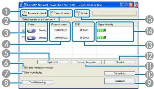 EasyMP Network Projection Ver XXX - Quick Connection - Automatic search Manual search Profile Select a projector and connect it Status Standb Standb Projector name EMP02FAC1 EMP02FAC2 SSID EPSON1 EPSON2 Signal intensity Update list Save in the profile Clear list Disable interrupt connection Use multi-display Set options Troubleshooting Connect