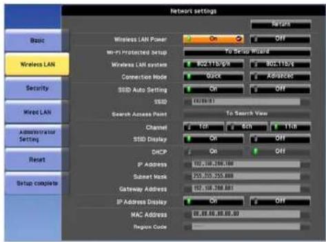 Network settings Basic Wireless LAN Security Wired LAN Administrator Setting Reset Setup complete Wireless LAN Power On Off Wireless LAN system 802.115/9/8 802.115/9/8 Connection Mode Quick ADVANCED SSD Auto Setting On Off SSD (0,0,0,1) Search Access Point Channel 12F 62F 113F SSD Display On Off DHCP On Off IP Address 197.158.248.888 Subset Mask 255.350.255.888 Gateway Address 197.158.248.888 IP Address Display On Off MAC Address 88.69.68.89.69.69 Region Code