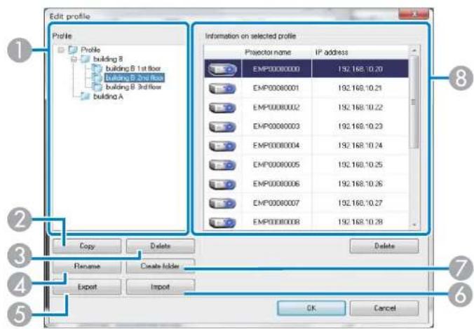 Edit profile Profile Profile building B building B 1st flow building B 2nd flow building B 3rd flow building A Information on selected profile Projector name IP address EMP0000000 192.168:10.20 EMP0000001 192.168:10.21 EMP0000002 192.168:10.22 EMP0000003 192.168:10.23 EMP0000004 192.168:10.24 EMP0000005 192.168:10.25 EMP0000006 192.168:10.26 EMP0000007 192.168:10.27 EMP0000008 192.168:10.28 Copy Delete Delete Rename Ctrlade folder Export Import OK Cancel