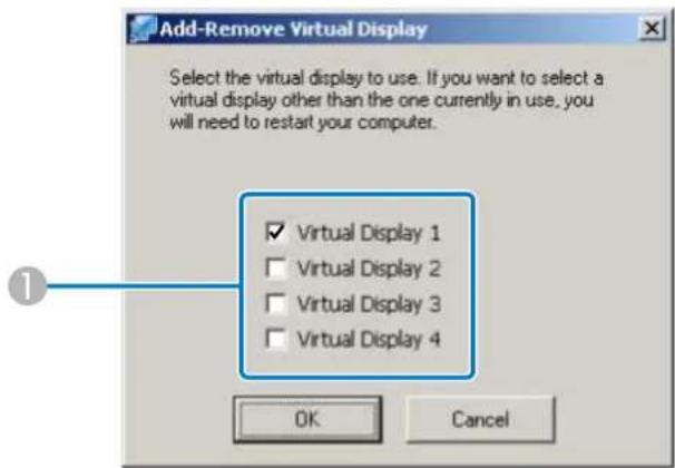 Add-Remove Virtual Display Select the virtual display to use. If you want to select a virtual display other than the one currently in use, you will need to restart your computer. ✓ Virtual Display 1 ✓ Virtual Display 2 ✓ Virtual Display 3 ✓ Virtual Display 4 OK Cancel
