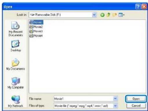 Open Look in Removable Disk (F:) Movie1 Movie2 Movie3 Movie4 My Recent Documents Desktop My Documents My Computer My Network File name: Movie1 Files of type: Movie file ["mpcg,"mpg,"sp4,"wavr,"adf] Open Cancel