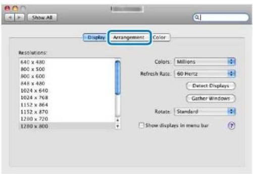 Show All Display Arrangement Color Resolutions: 640 x 480 800 x 500 800 x 600 848 x 480 1024 x 640 1024 x 768 1152 x 864 1152 x 870 1280 x 720 1280 x 800 Colors: Millions Refresh Rate: 60 Hertz Detect Displays Gather Windows Rotate: Standard Show displays in menu bar