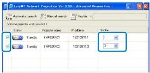 EasyMP Network Projection Ver XXX - Advanced Connection - Automatic search Manual search Profile - Select a projector and convert it Status Projector name IP address Tidembe Standby EMP02FAC1 10210811.1 1 Standby EMP02FAC2 10210811.2 3